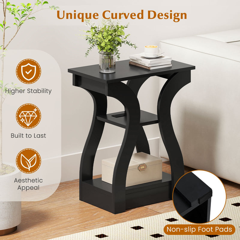 3-Tier End Tables with Charging Station Set of 2 with Open Storage Shelves-Black