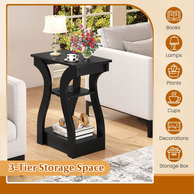 3-Tier End Tables with Charging Station Set of 2 with Open Storage Shelves-Black