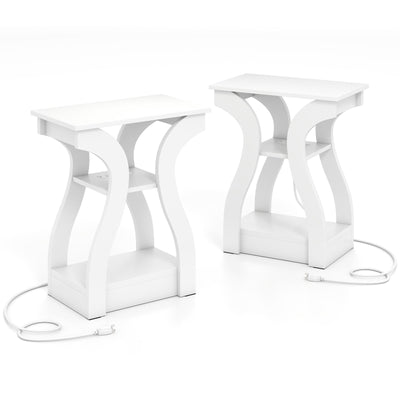 3-Tier End Tables with Charging Station Set of 2 with Open Storage Shelves-White