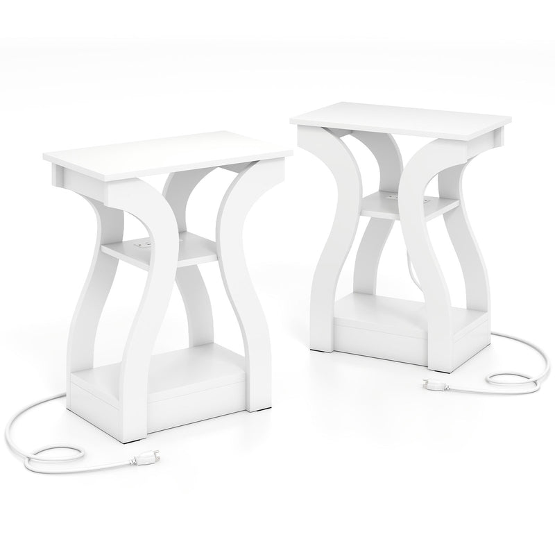 3-Tier End Tables with Charging Station Set of 2 with Open Storage Shelves-White