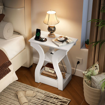 3-Tier End Tables with Charging Station Set of 2 with Open Storage Shelves-White