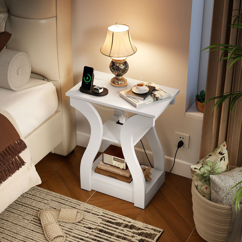 3-Tier End Tables with Charging Station Set of 2 with Open Storage Shelves-White
