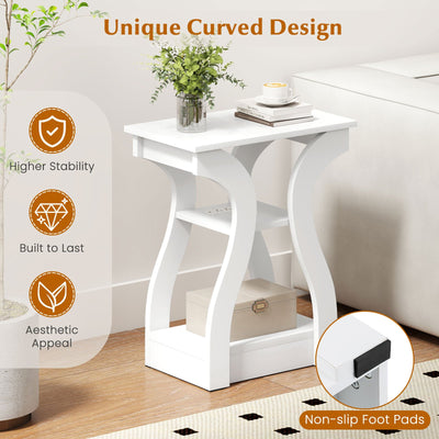 3-Tier End Tables with Charging Station Set of 2 with Open Storage Shelves-White