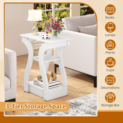 3-Tier End Tables with Charging Station Set of 2 with Open Storage Shelves-White