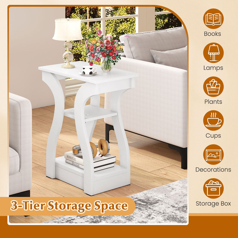3-Tier End Tables with Charging Station Set of 2 with Open Storage Shelves-White