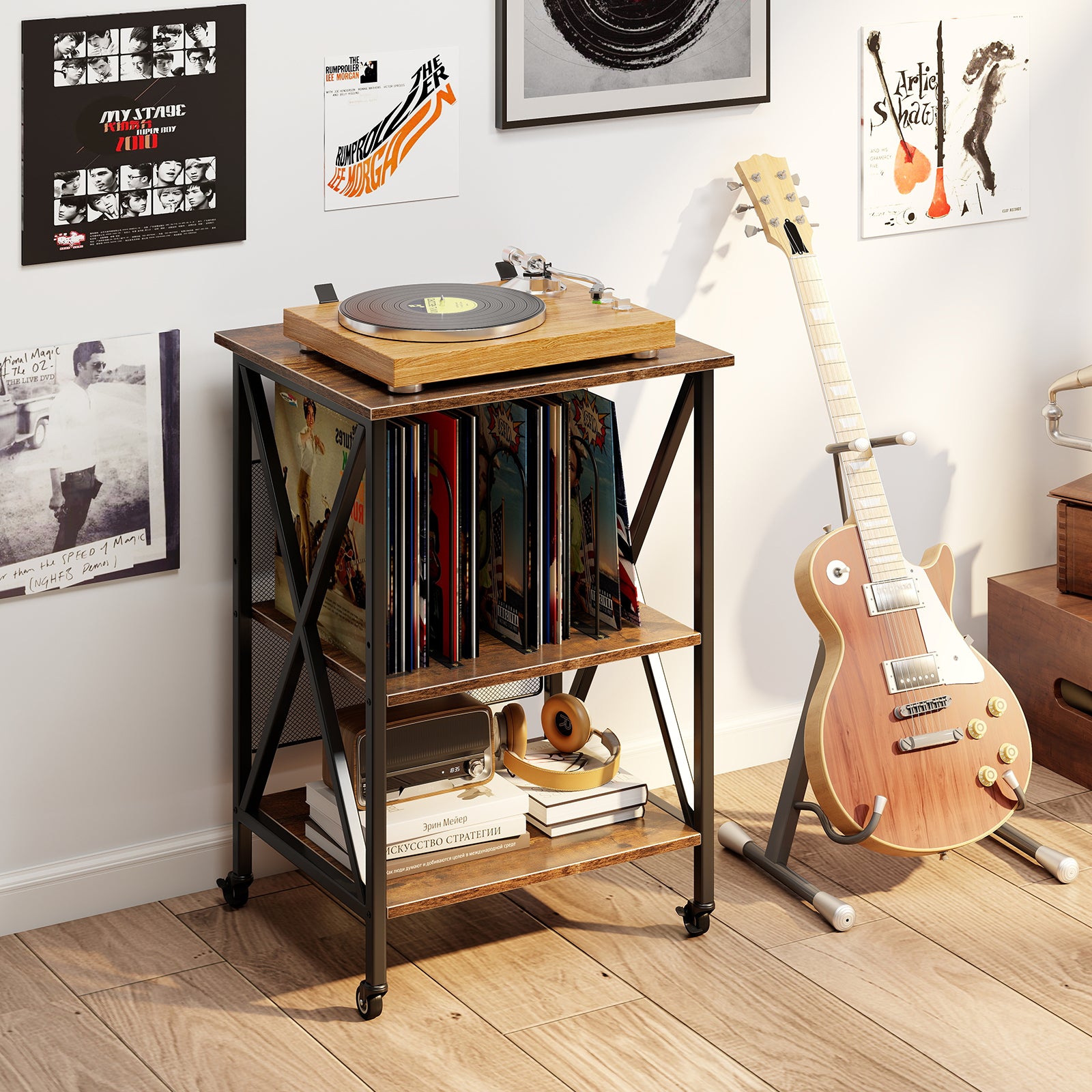 3-Tier Record Player Stand with Charging Station and Adjustable Shelf-