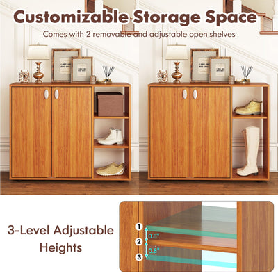 3-Tier Shoe Cabinet with Doors with Adjustable Open Shelves for Entryway-Natural