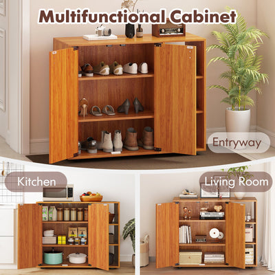 3-Tier Shoe Cabinet with Doors with Adjustable Open Shelves for Entryway-Natural