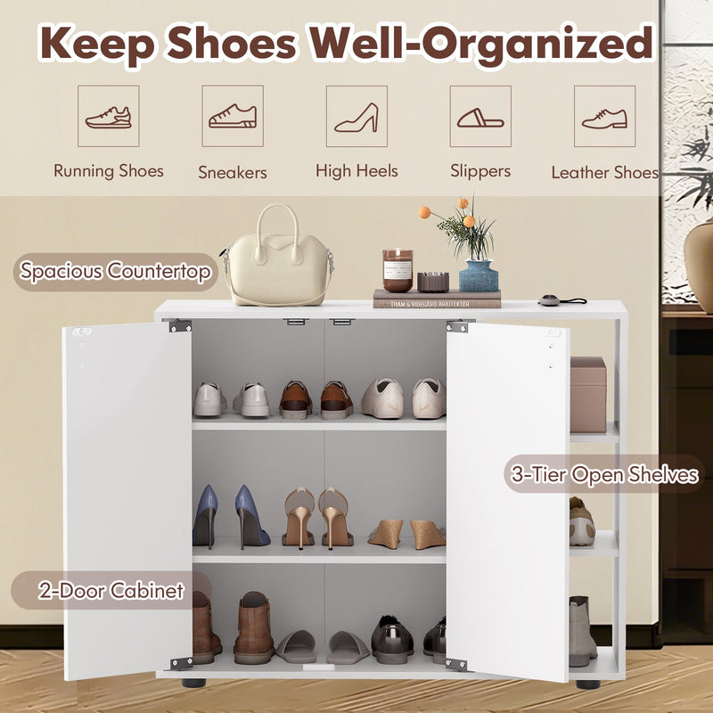 3-Tier Shoe Cabinet with Doors with Adjustable Open Shelves for Entryway-White