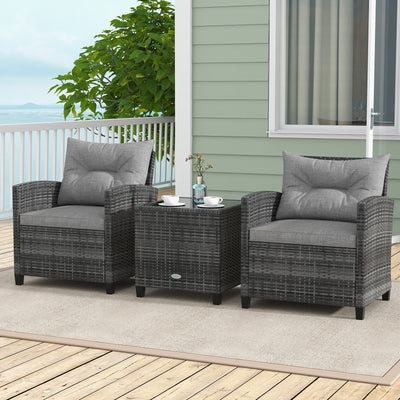 3 Pieces Outdoor Wicker Conversation Set with Tempered Glass Tabletop-Gray