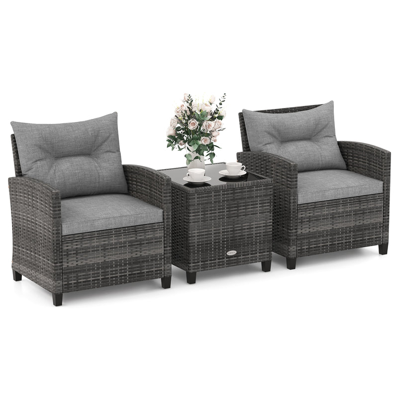 3 Pieces Outdoor Wicker Conversation Set with Tempered Glass Tabletop-Gray