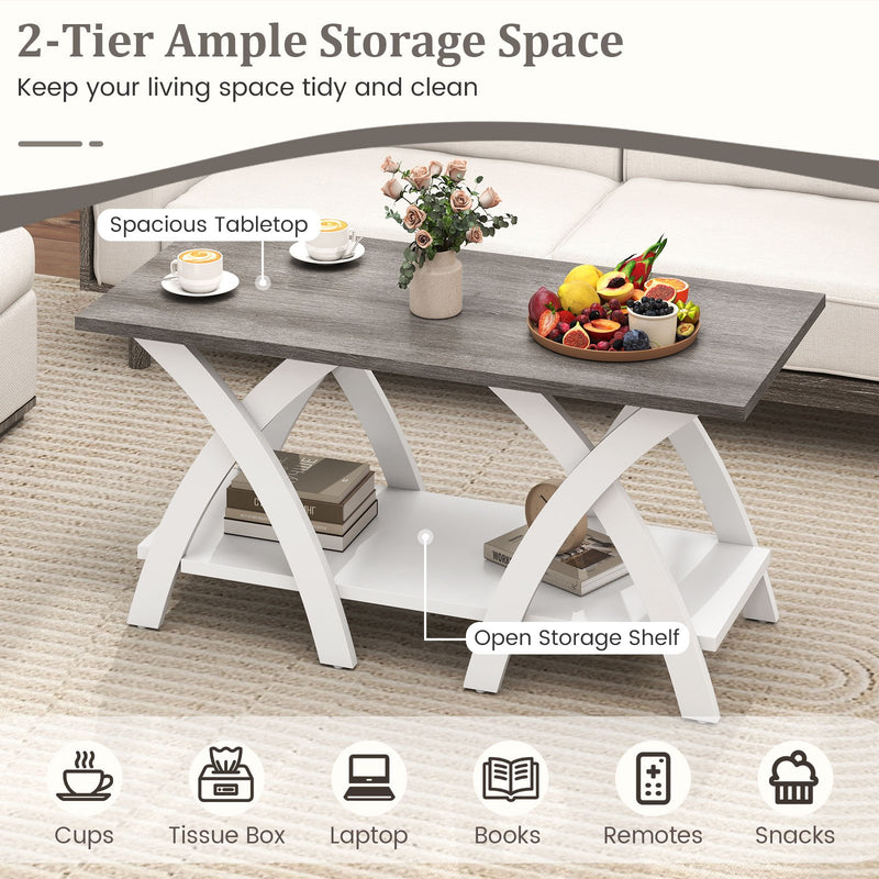40 Inch Farmhouse Wooden Coffee Table with Storage Shelf with X-shaped Legs-Gray