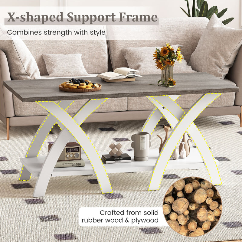 40 Inch Farmhouse Wooden Coffee Table with Storage Shelf with X-shaped Legs-Gray