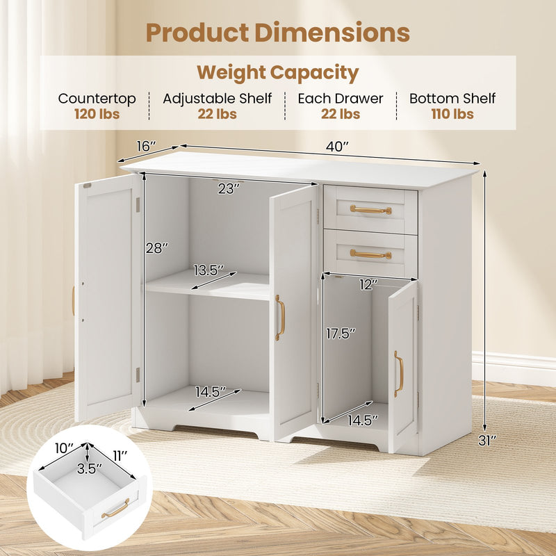 40 Inch Modern Kitchen Sideboard Buffet Cabinet with 2 Drawers and Adjustable Shelf-White
