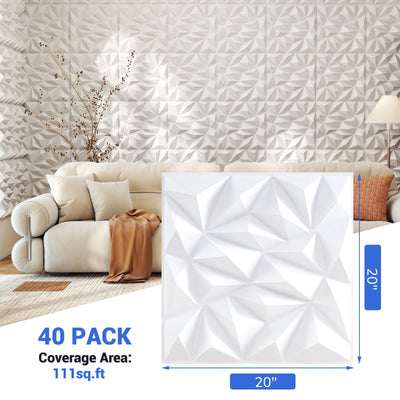 40-Pack 3D Wall Panels with Decorative Diamond Patterns-White