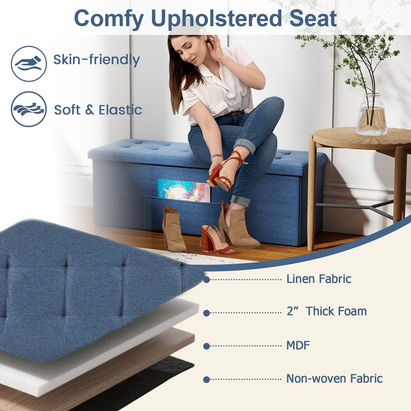43 Inches Folding Storage Ottoman Bench Linen End of Bed Bench with Padded Seat-Navy