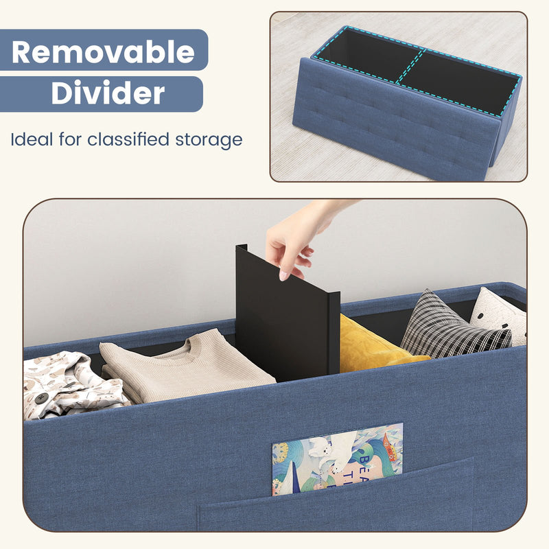 43 Inches Folding Storage Ottoman Bench Linen End of Bed Bench with Padded Seat-Navy