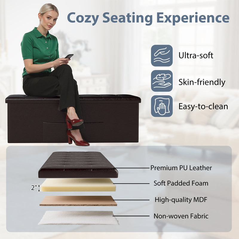 43 Inches Folding Storage Ottoman Bench Foot Rest Stool End of Bed Bench-Brown