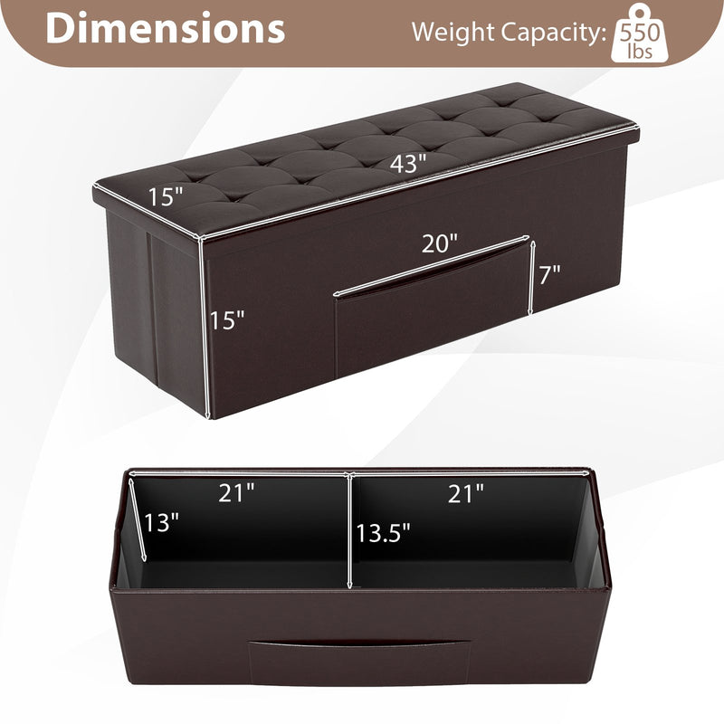 43 Inches Folding Storage Ottoman Bench Foot Rest Stool End of Bed Bench-Brown