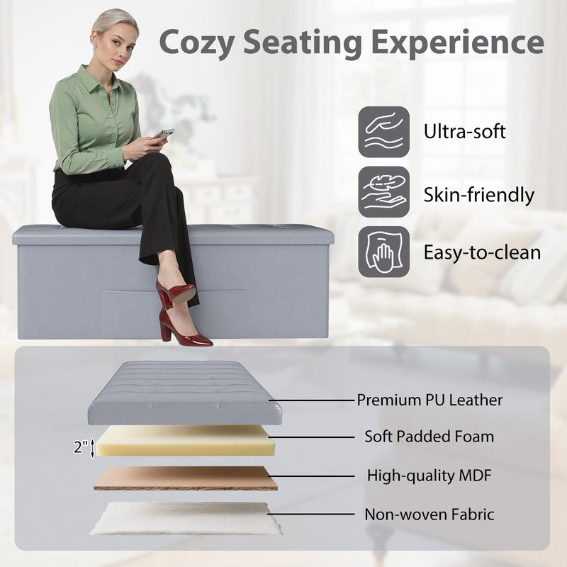 43 Inches Folding Storage Ottoman Bench Foot Rest Stool End of Bed Bench-Gray