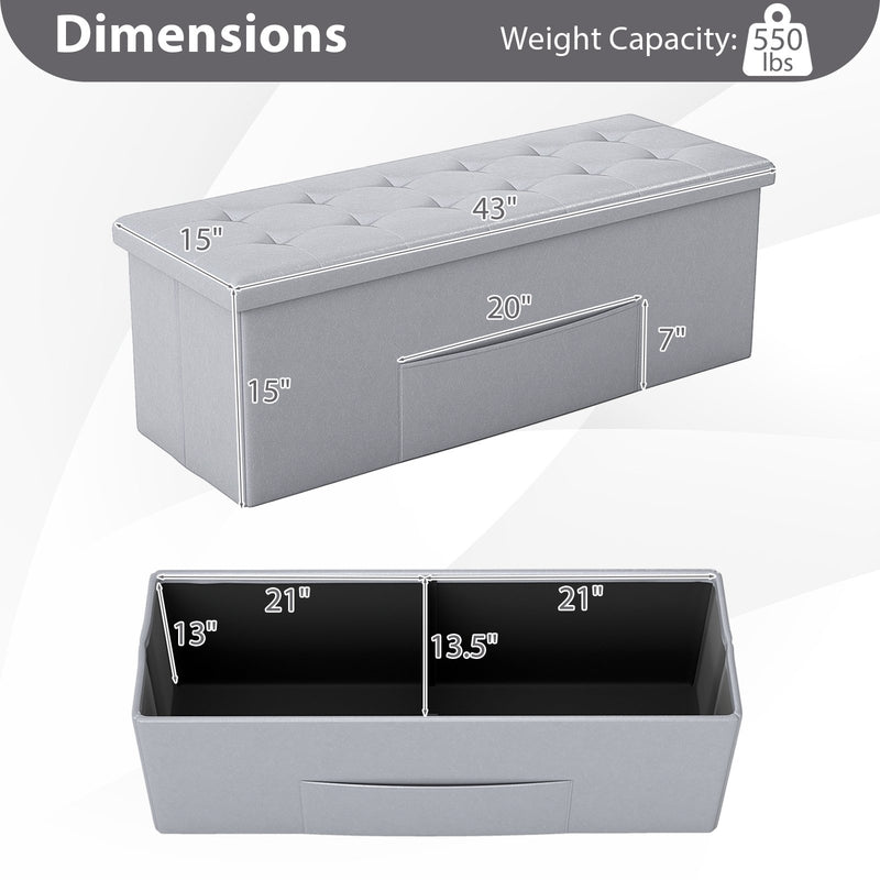 43 Inches Folding Storage Ottoman Bench Foot Rest Stool End of Bed Bench-Gray