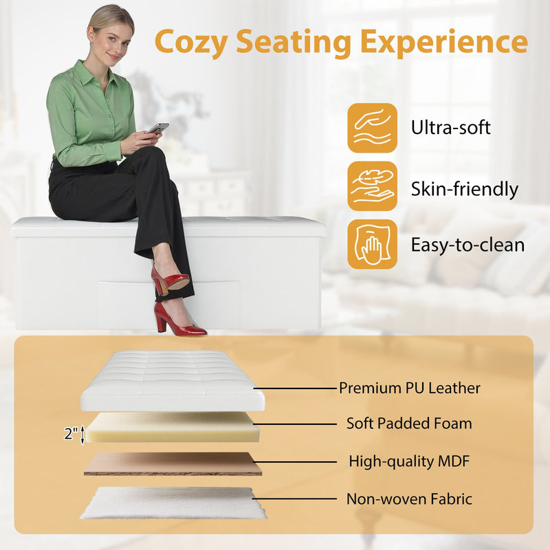 43 Inches Folding Storage Ottoman Bench Foot Rest Stool End of Bed Bench-White