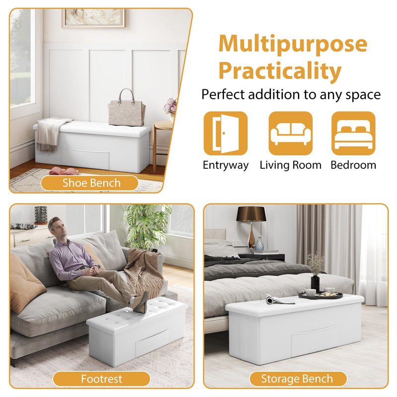 43 Inches Folding Storage Ottoman Bench Foot Rest Stool End of Bed Bench-White