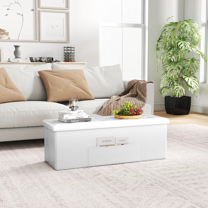 43 Inches Folding Storage Ottoman Bench Foot Rest Stool End of Bed Bench-White