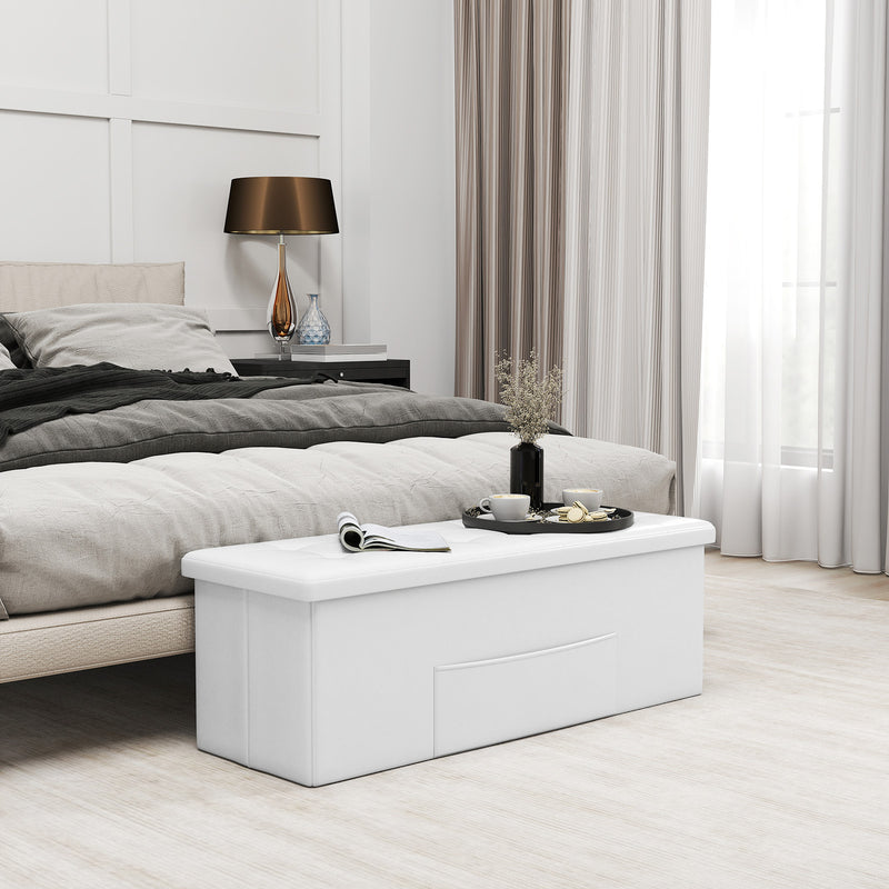 43 Inches Folding Storage Ottoman Bench Foot Rest Stool End of Bed Bench-White