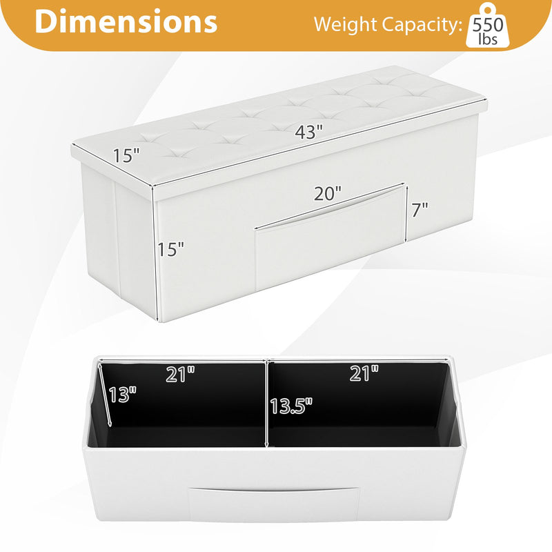 43 Inches Folding Storage Ottoman Bench Foot Rest Stool End of Bed Bench-White