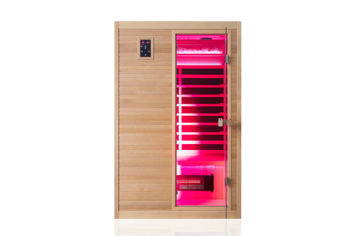 Floor Model- 2027 Model- COSTWAY– Premium 2-Person Pro Full Spectrum Sauna With 660nm + 850nm Red Light Therapy, Himalayan Salt Wall & Bluetooth – Canadian Hemlock - Relaxacare INC