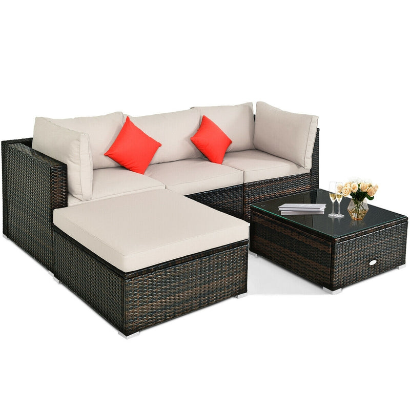 5 Pieces Outdoor Patio Rattan Furniture Set Sectional Conversation with Cushions-Beige