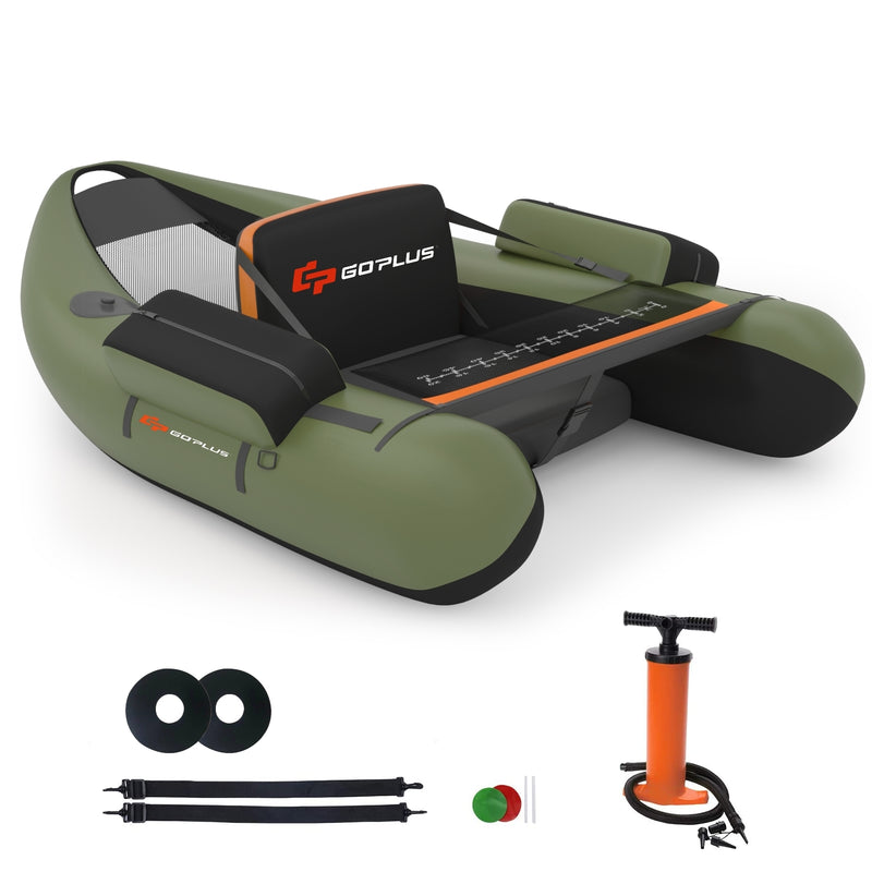*Inflatable Fishing Float Tube with Pump Storage Pockets and Fish Ruler - Green