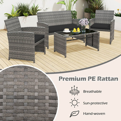 4 Piece Patio Conversation Set Rattan Chair Loveseat and Table Set-Black