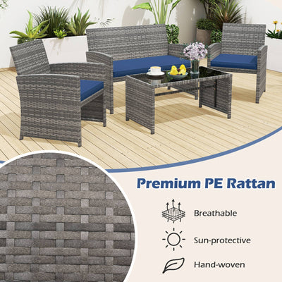 4 Piece Patio Conversation Set Rattan Chair Loveseat and Table Set-Navy