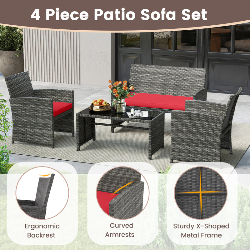 4 Piece Patio Conversation Set Rattan Chair Loveseat and Table Set-Red