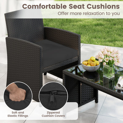 4 Pieces Patio Furniture Set with Tempered Glass Tabletop and Removable Cushion-Black