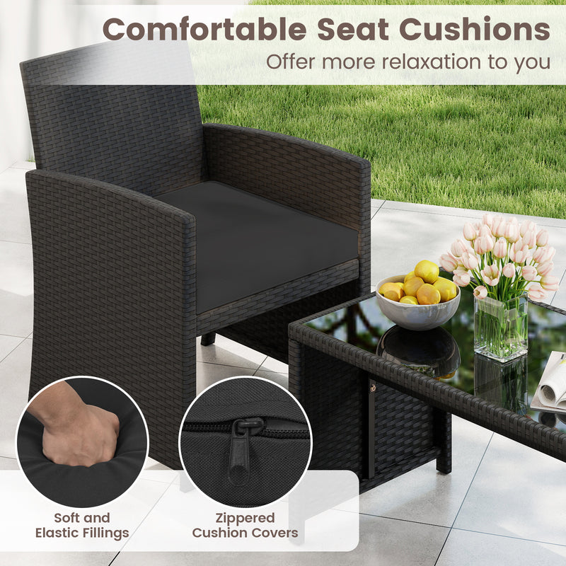 4 Pieces Patio Furniture Set with Tempered Glass Tabletop and Removable Cushion-Black