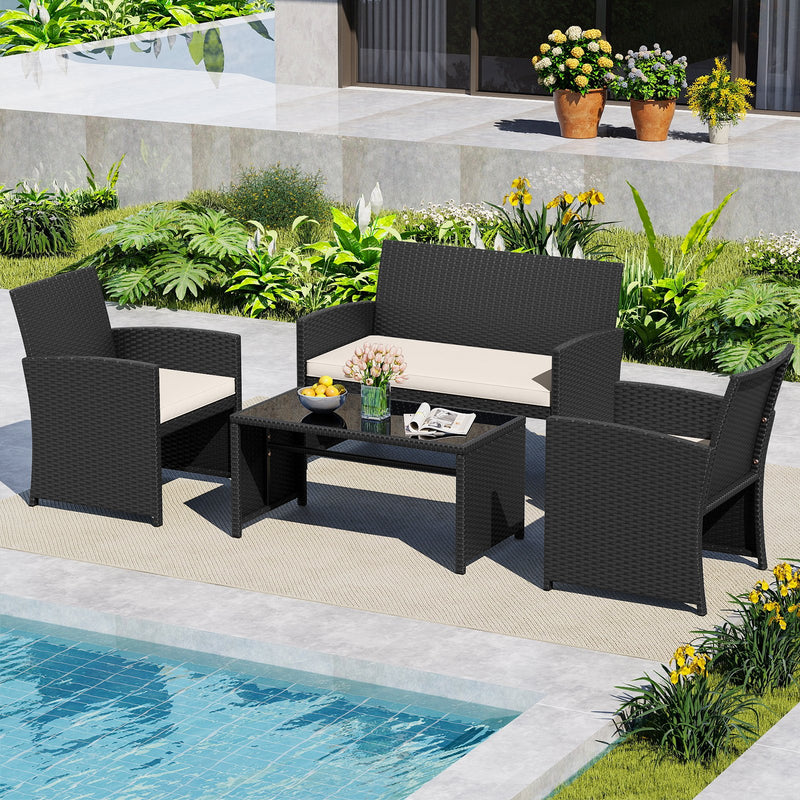 4 Pieces Patio Furniture Set with Tempered Glass Tabletop and Removable Cushion-White