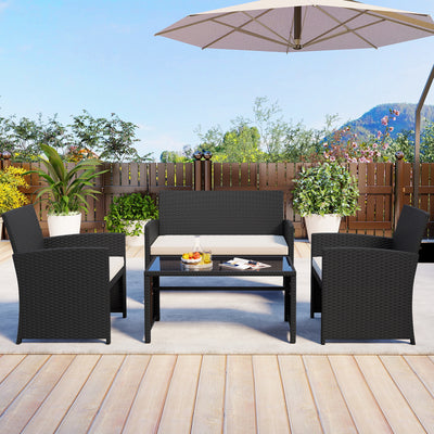 4 Pieces Patio Furniture Set with Tempered Glass Tabletop and Removable Cushion-White