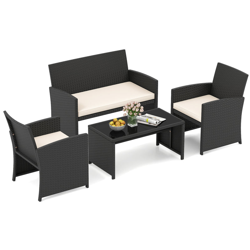 4 Pieces Patio Furniture Set with Tempered Glass Tabletop and Removable Cushion-White