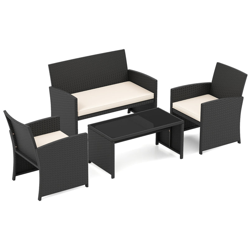 4 Pieces Patio Furniture Set with Tempered Glass Tabletop and Removable Cushion-White
