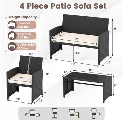 4 Pieces Patio Furniture Set with Tempered Glass Tabletop and Removable Cushion-White