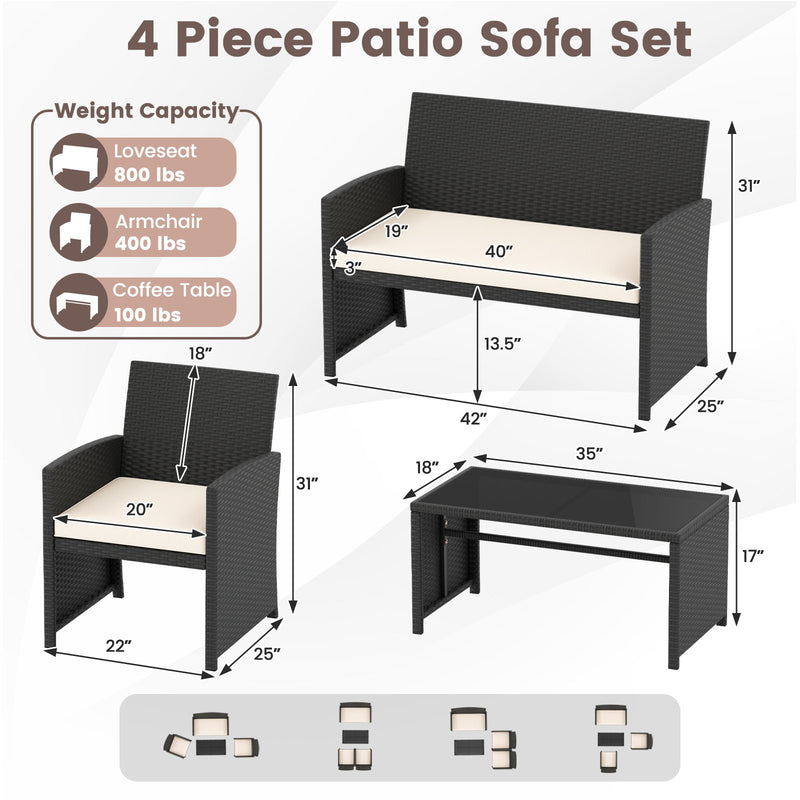 4 Pieces Patio Furniture Set with Tempered Glass Tabletop and Removable Cushion-White