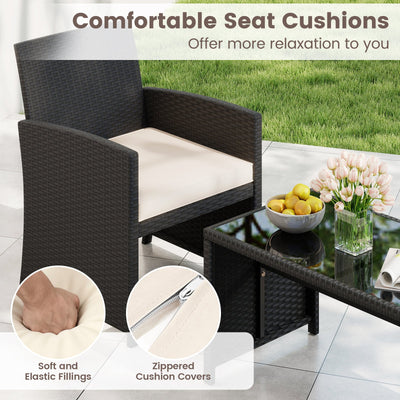 4 Pieces Patio Furniture Set with Tempered Glass Tabletop and Removable Cushion-White