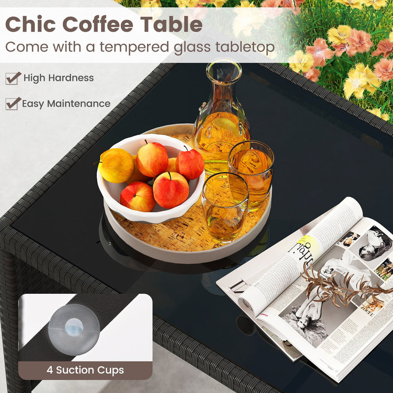 4 Pieces Patio Furniture Set with Tempered Glass Tabletop and Removable Cushion-White