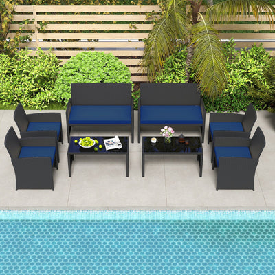 4 Pieces Patio Furniture Set with Tempered Glass Tabletop and Removable Cushion-Navy