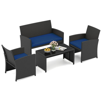 4 Pieces Patio Furniture Set with Tempered Glass Tabletop and Removable Cushion-Navy