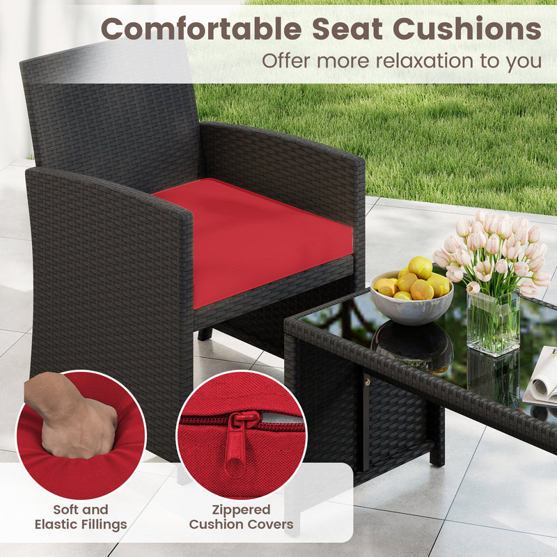 4 Pieces Patio Furniture Set with Tempered Glass Tabletop and Removable Cushion-Red
