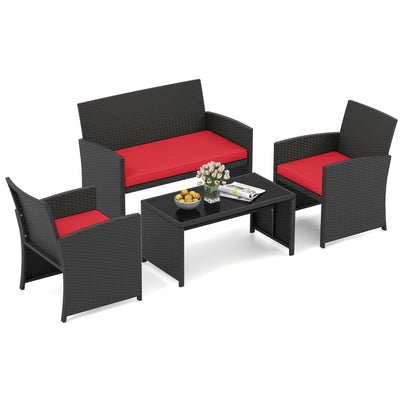4 Pieces Patio Furniture Set with Tempered Glass Tabletop and Removable Cushion-Red